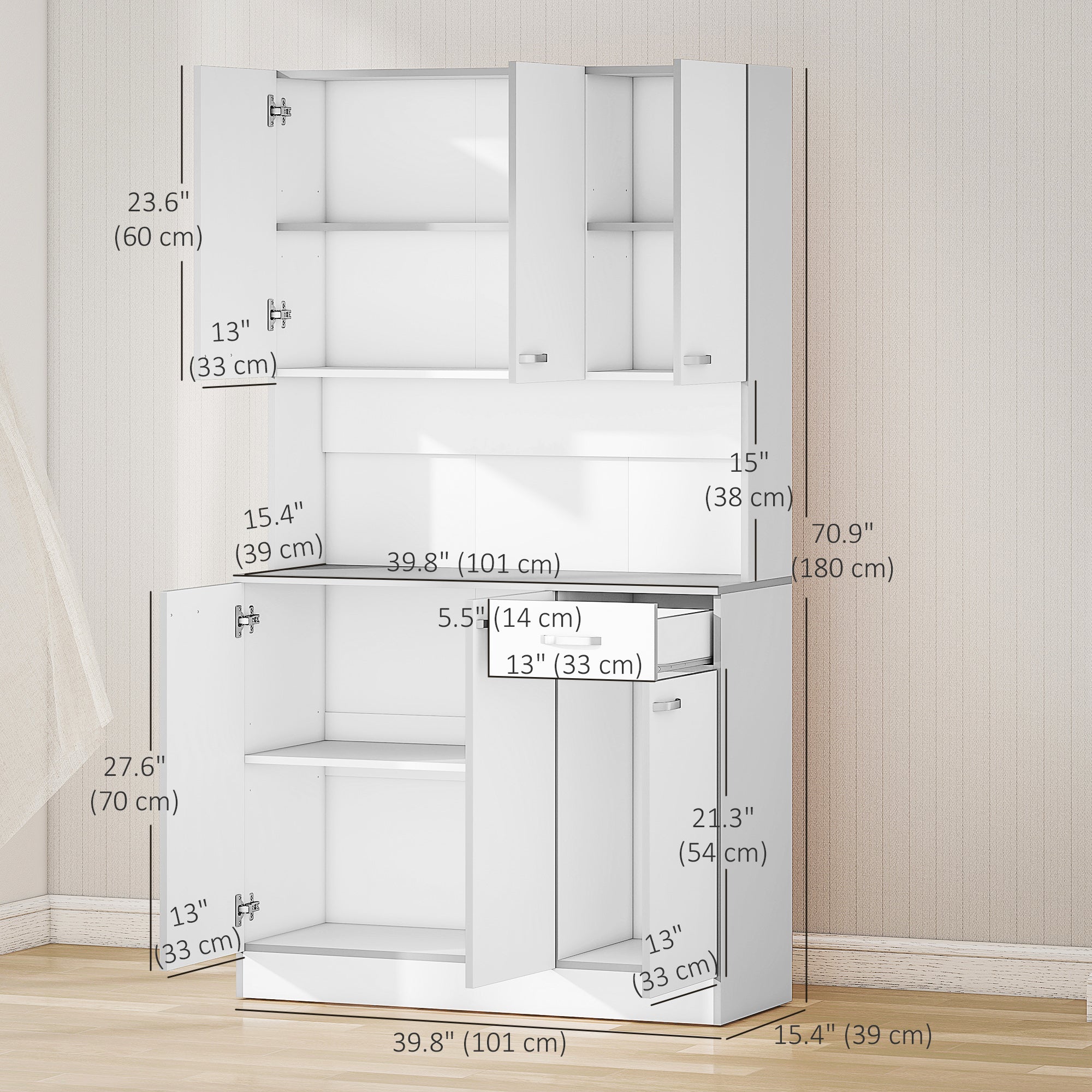 71" Modern Buffet with Hutch, Standing Kitchen Hutch with Storage Cabinets, Drawer, Open Space with Microwave Stand, White