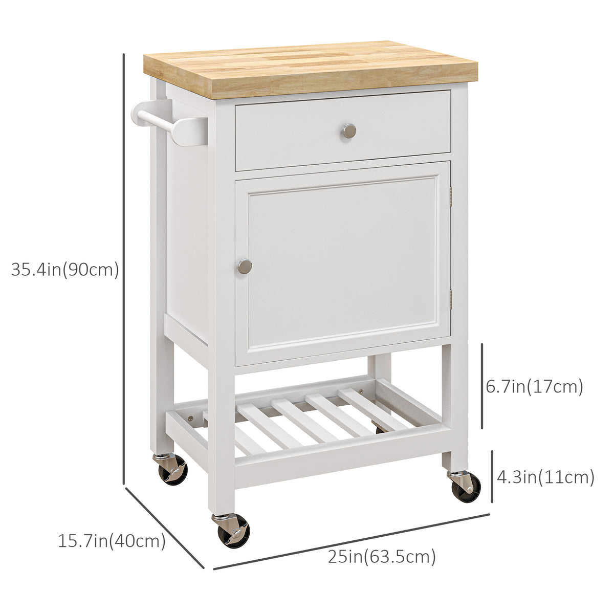 Kitchen Cart on Wheels, Rolling Kitchen Island Cart with Wood Top, Towel Rack, Drawer and Shelf for Dining Area, White