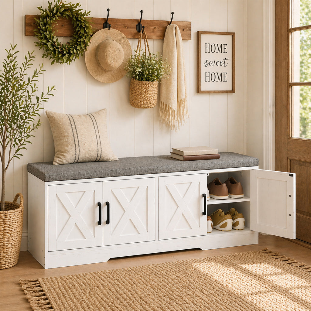 Shoe Bench with Cushion Shoe Storage Bench with Doors Adjustable Shelves for Entryway, White