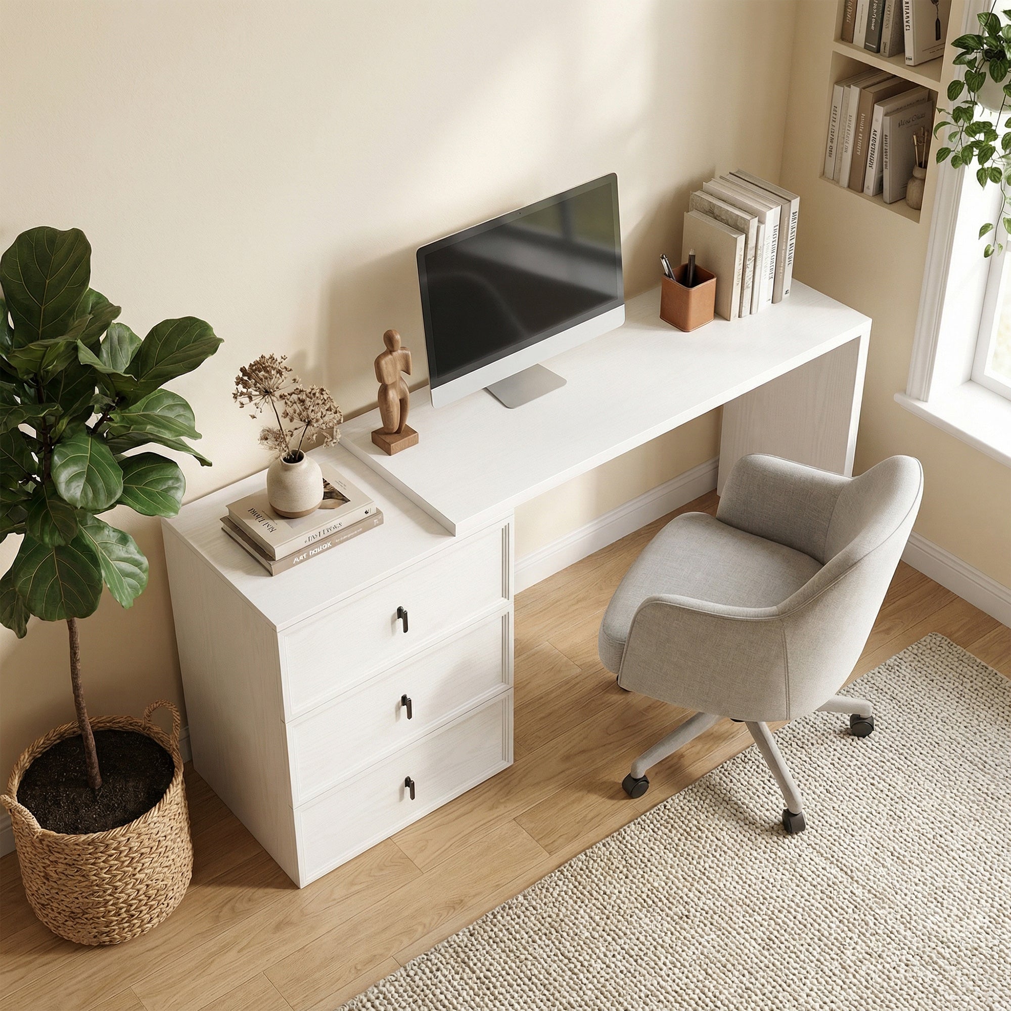 L Shaped Computer Desk Home Office Desk with 6 Drawers Black Wood Grain