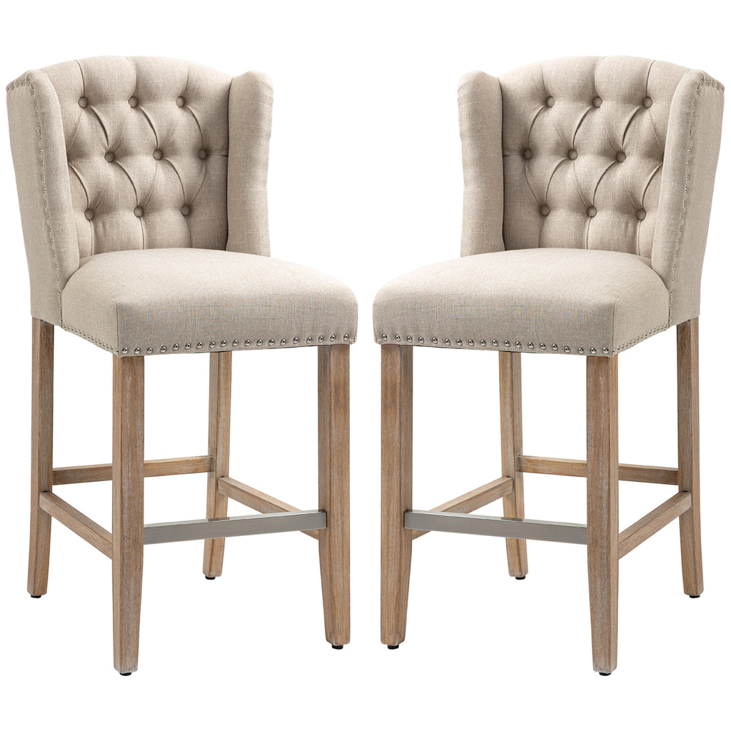 Counter Height Bar Stools Set of 2, Upholstered Bar Chairs with Nailhead Backrest and Footrest, Modern Barstools for Kitchen, Dining Room, Beige