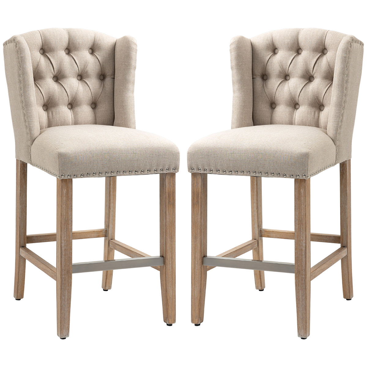 Counter Height Bar Stools Set of 2, Upholstered Bar Chairs with Nailhead Backrest and Footrest, Modern Barstools for Kitchen, Dining Room, Beige