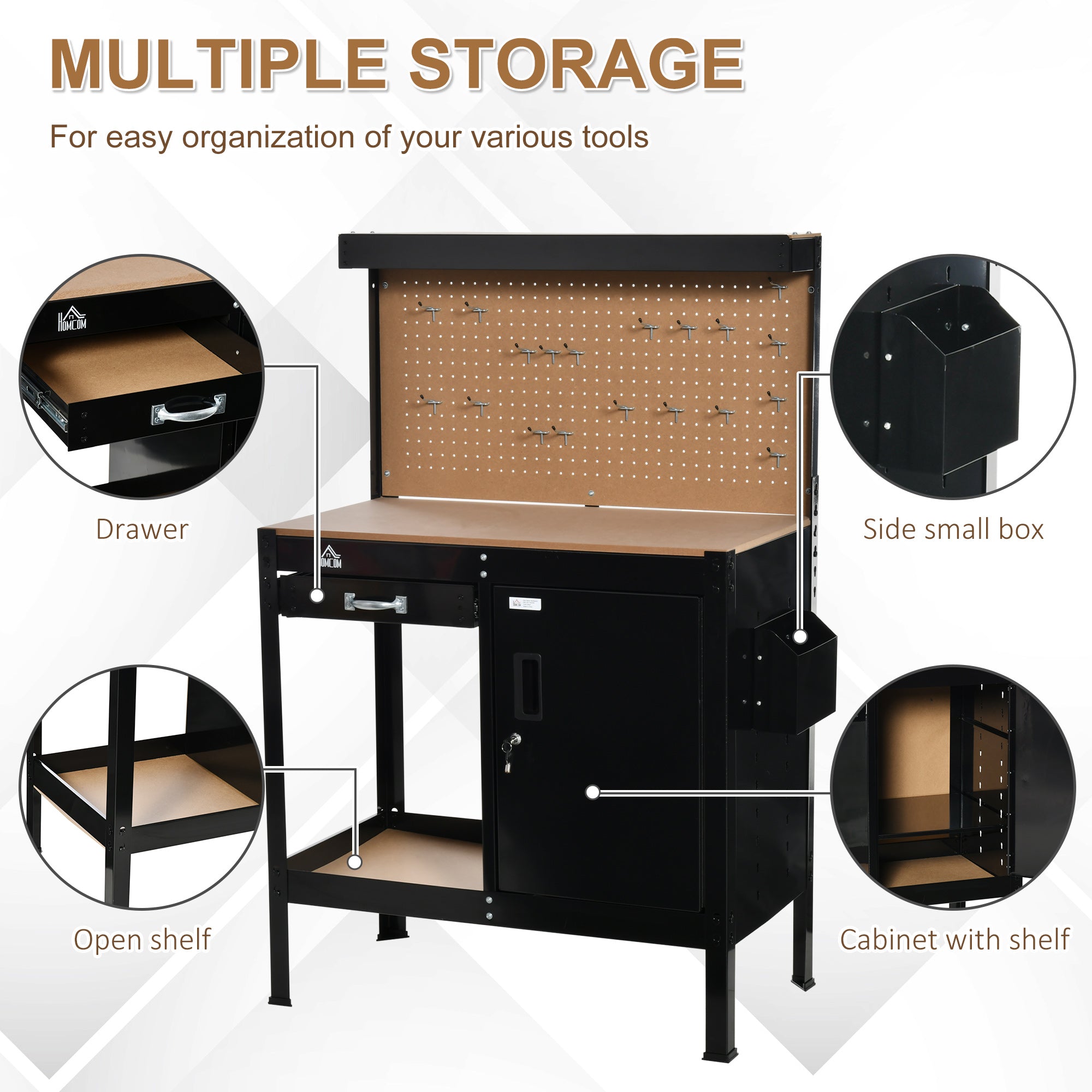 Multipurpose Tool Workbench for Garage, Garage Bench with Storage Drawer, Peg Board, Lockable Cabinet