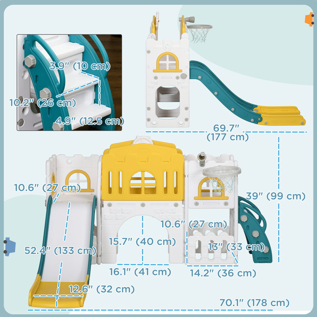 Qaba 9 in 1 Toddler Slide with Basketball Hoop, Climber, Telescope, Tunnel, Steering Wheel, for 1-3 Years, Yellow