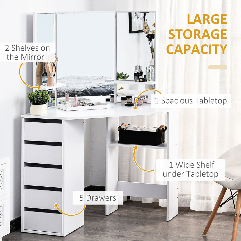 Corner Dressing Table, Makeup Desk with 3-piece Mirror and 5 Drawers, White