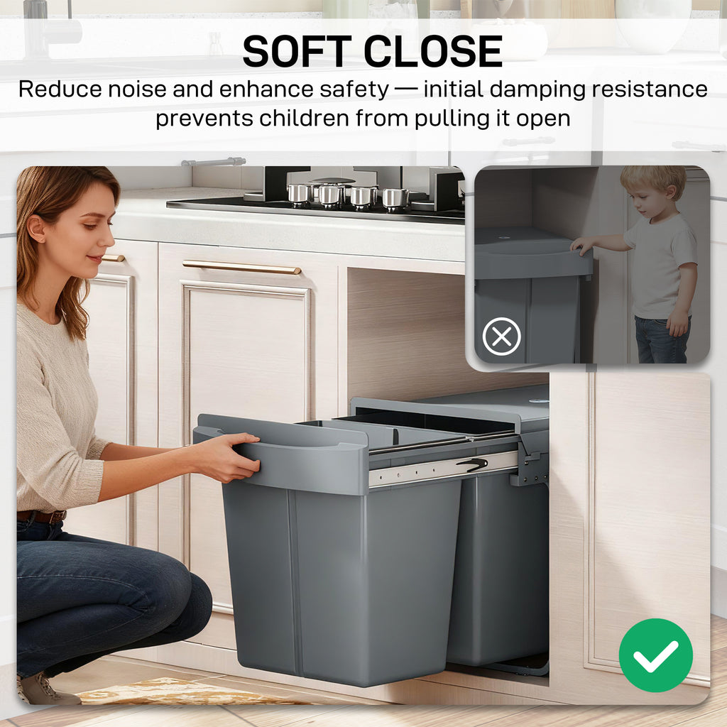 Pull Out Trash Can Under Cabinet, 10.6 Gallon (40L) Slide Out Garbage Can with 3 Removable Compartments, Grey