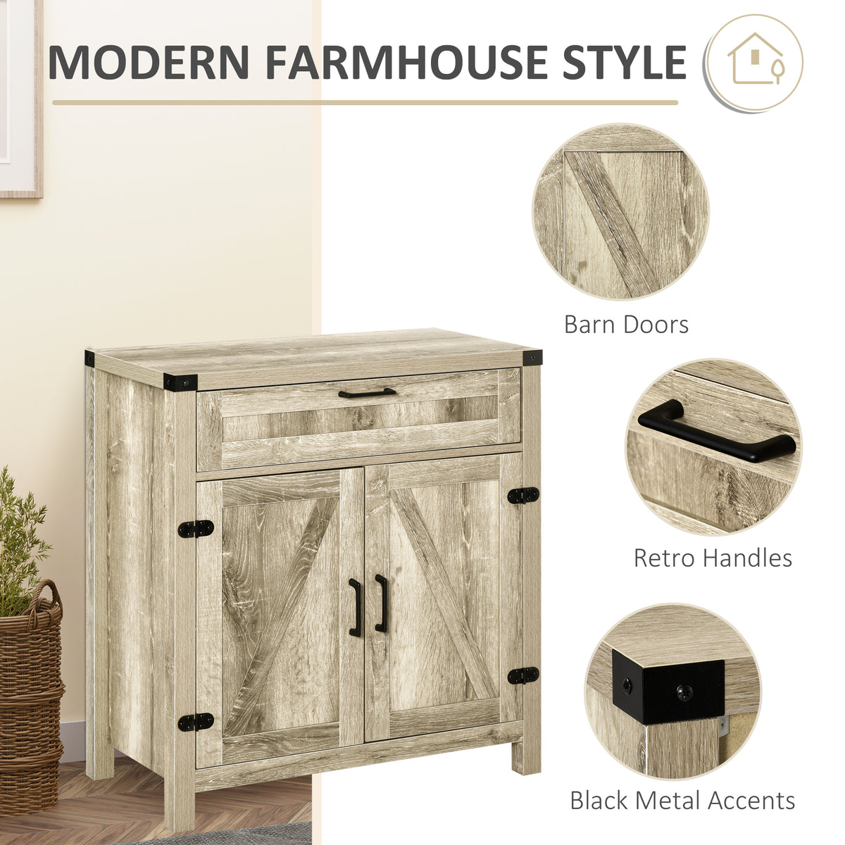 Farmhouse Kitchen Storage Cabinet, Sideboard Buffet Cabinet with 2 Rustic Barn Doors and Drawer, Oak