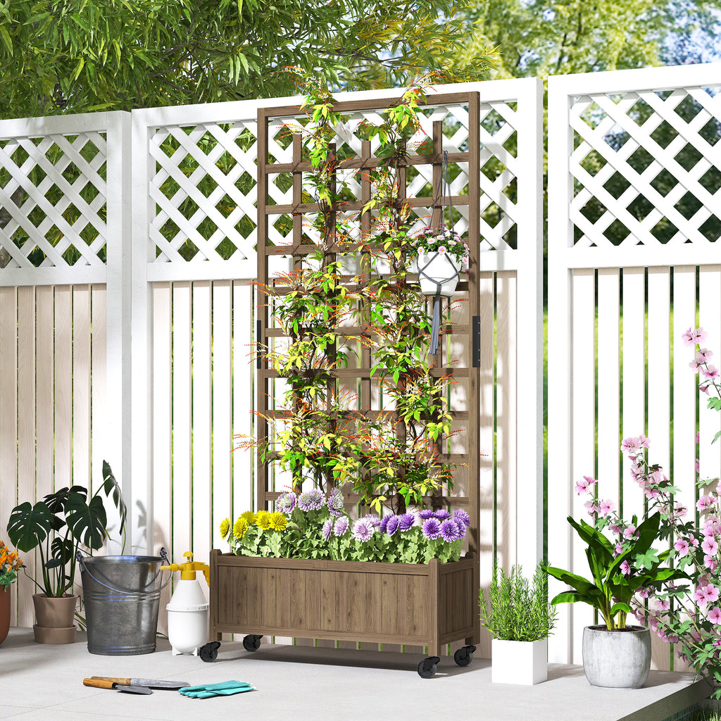 Wooden Planter with Trellis, Raised Garden Bed with Wheels, Drainage Holes for Climbing Plants, Flowers, Brown