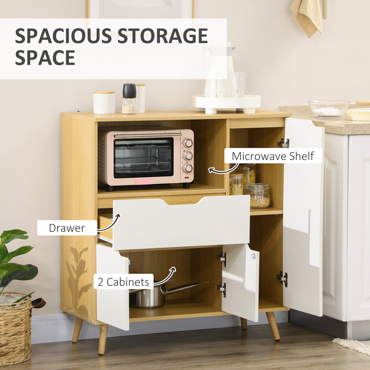 Modern Microwave Stand, Microwave Cabinet with Drawer, Storage Cupboards and Cable Hole for Kitchen, Dining Room, White