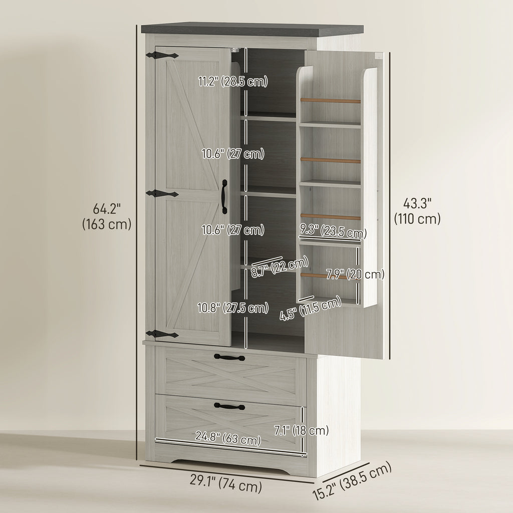 Farmhouse Kitchen Pantry Storage Cabinet, 64" Freestanding Kitchen Pantry Cabinet with Drawers, Distressed White