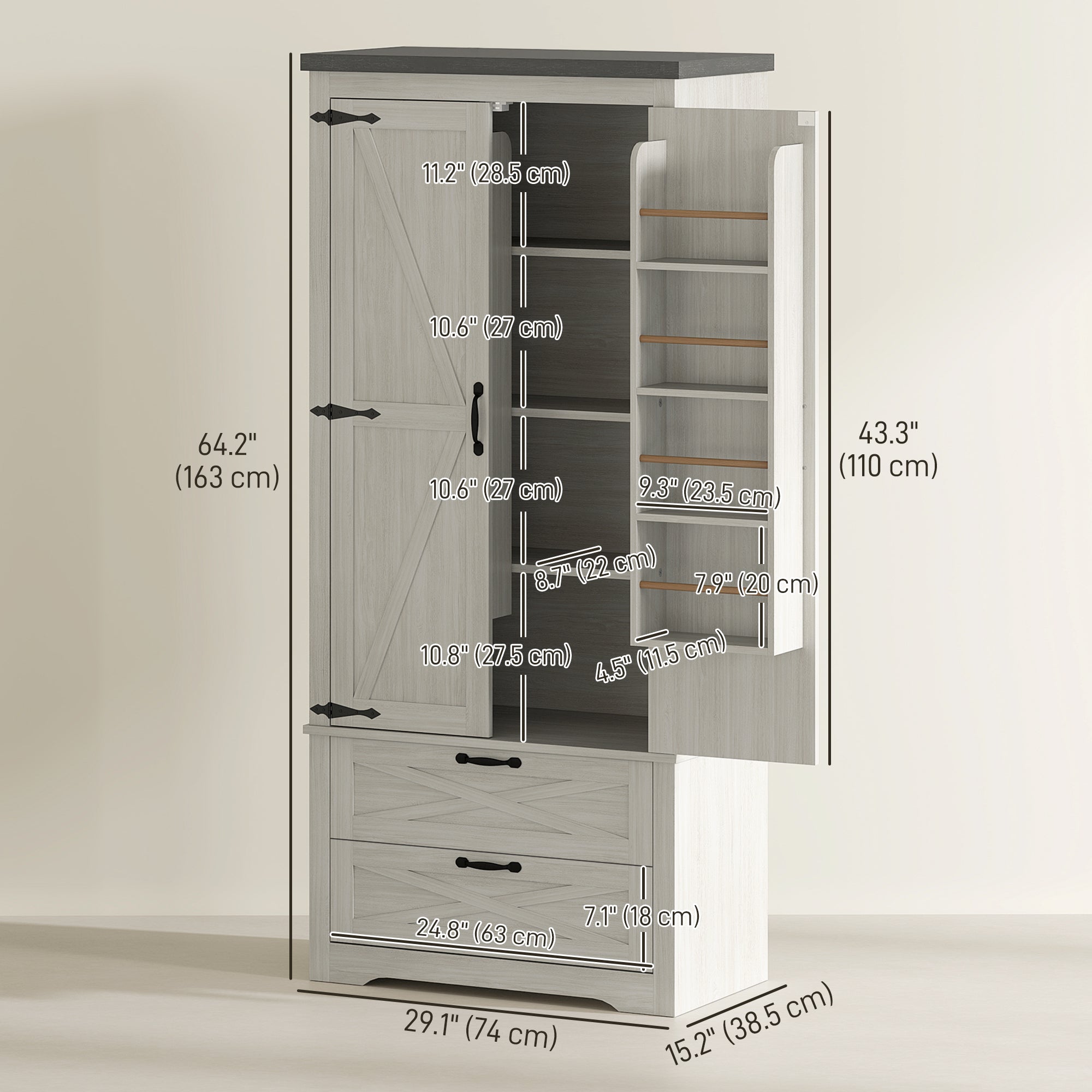 Farmhouse Kitchen Pantry Storage Cabinet, 64" Freestanding Kitchen Pantry Cabinet with Drawers, Distressed White