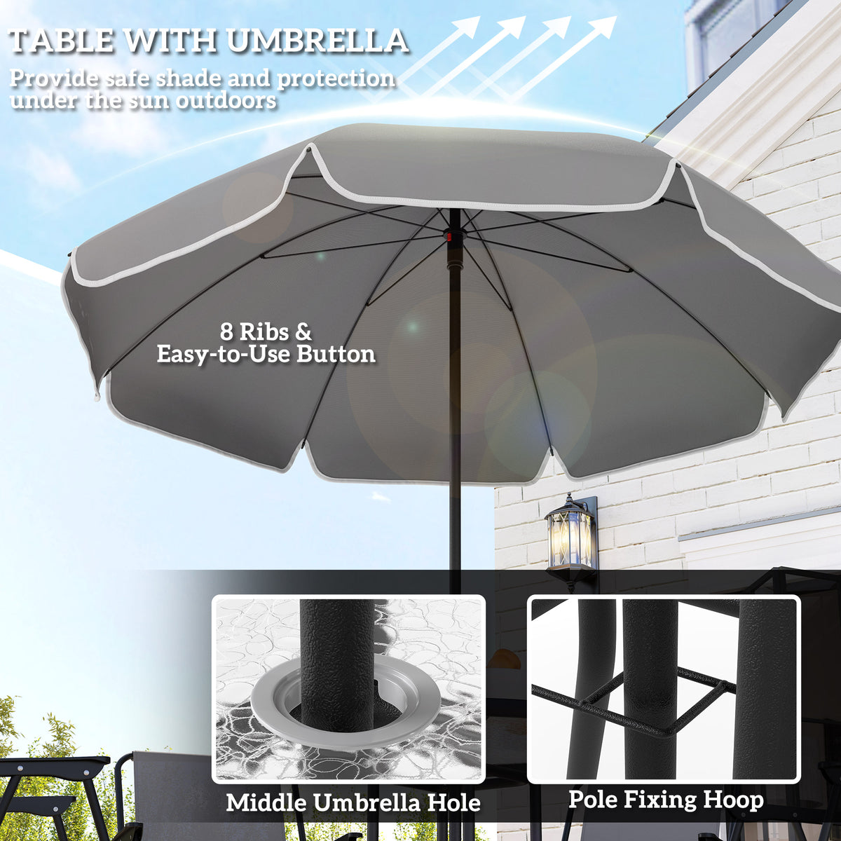 6 Pieces Patio Dining Set with Umbrella, Patio Furniture Set with Folding Chairs, Glass Table for Garden Backyard, Grey