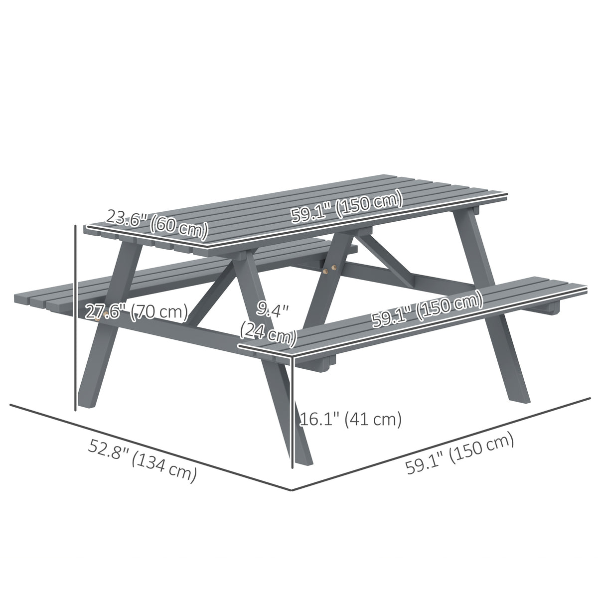 Wood Picnic Table, Camping Table and Bench Set with Umbrella Hole for Outdoor, Garden, Patio, Backyard, Grey