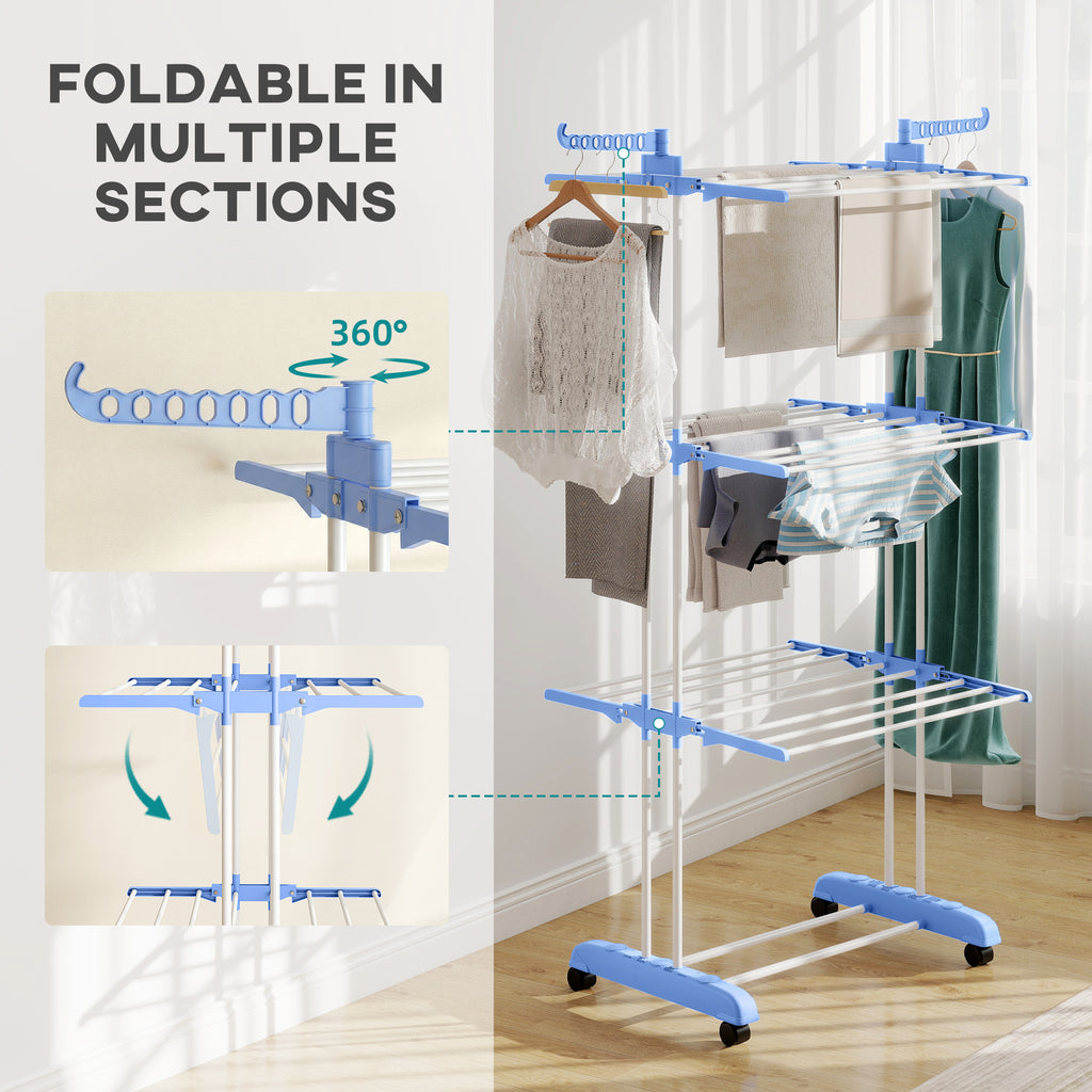 Foldable Clothes Drying Rack, 4-Tier Steel Laundry Rack for Drying Clothes with 2 Side Wings and 4 Castors, Indoor and Outdoor Use, Black