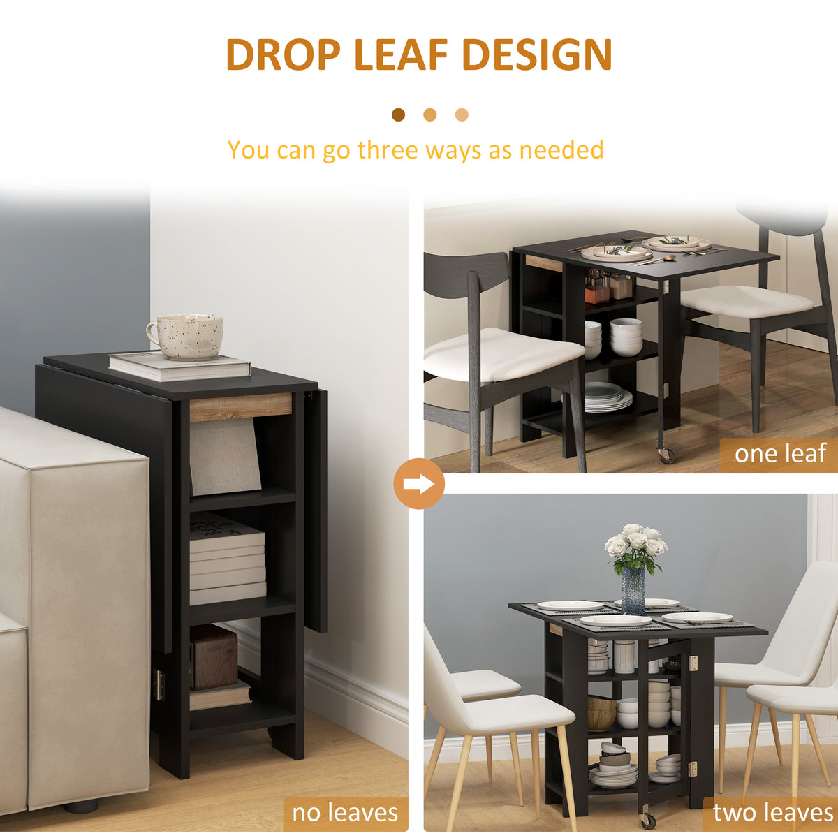 Folding Dining Table with Storage, Drop Leaf Kitchen Table for Small Spaces, White