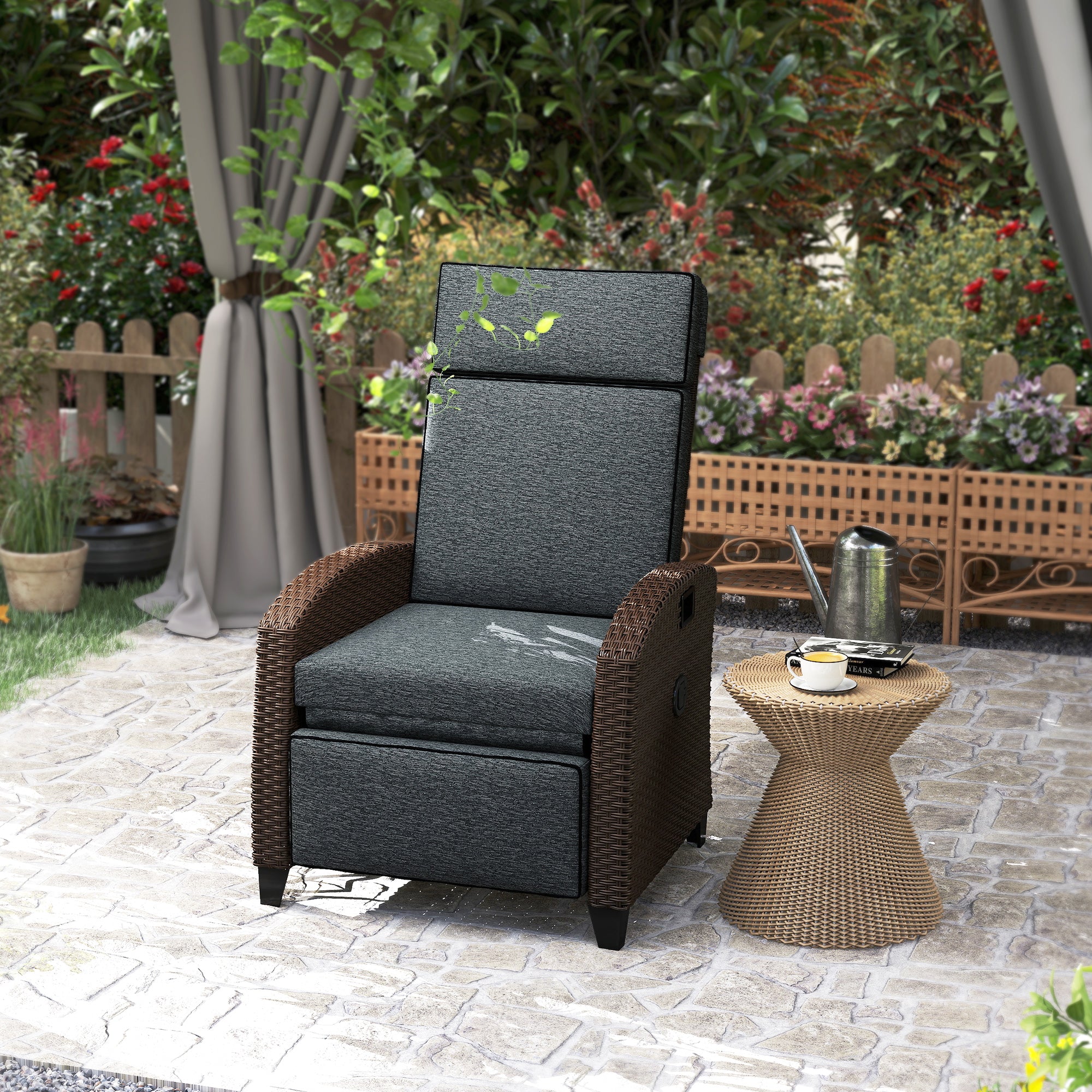 Outdoor Recliner Chair with Adjustable Backrest, Cushion, Side Tray, Dark Grey