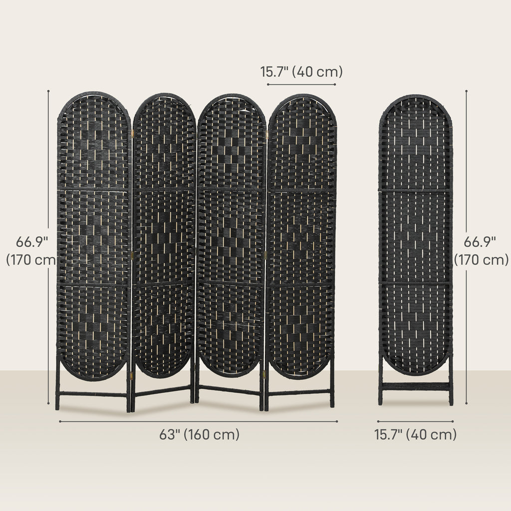 Bohemian Privacy Screen, Folding Room Divider with 4 Panels and Arched Top for Bedroom Living Room Office, Black