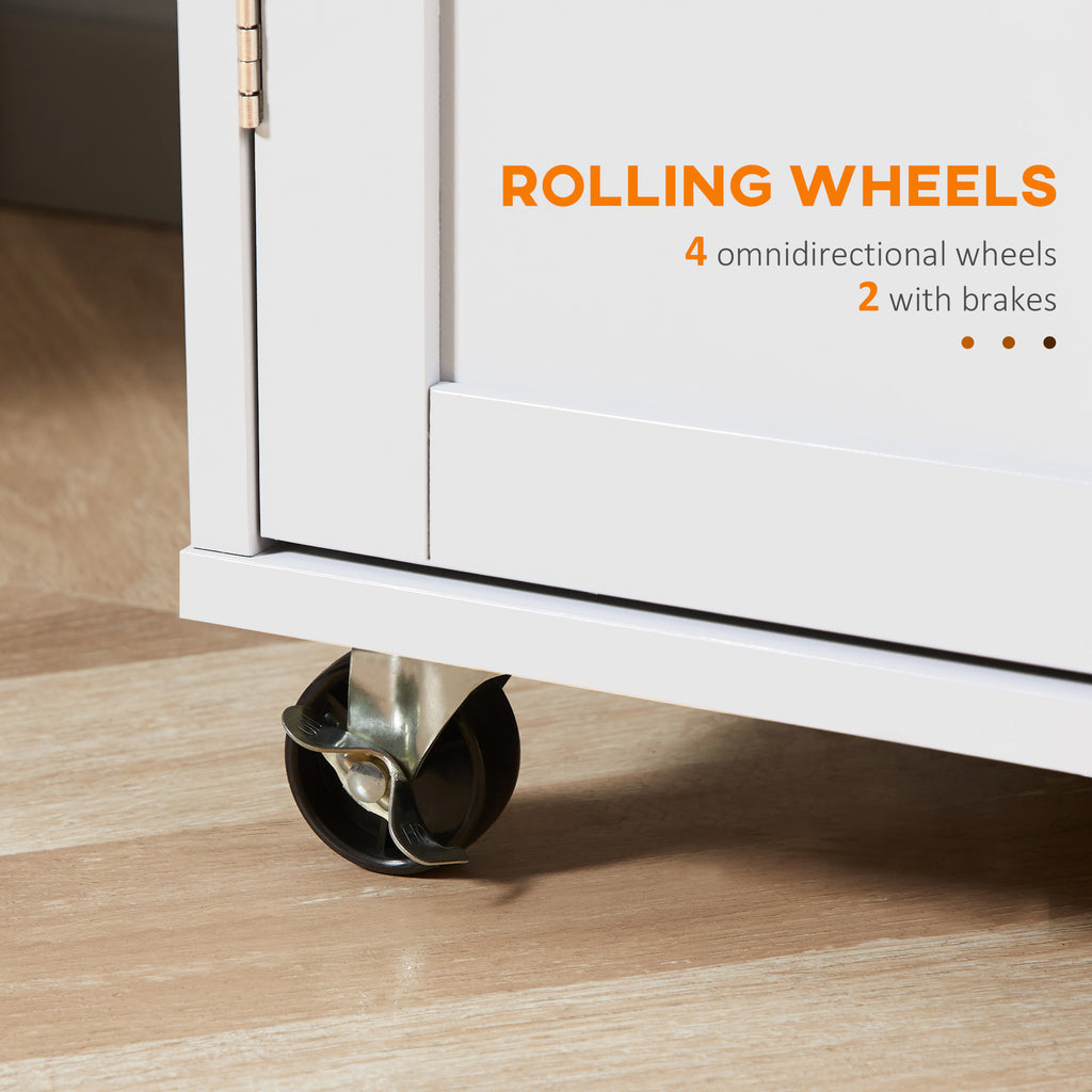 Rolling Kitchen Island with Storage, Kitchen Cart with Rubber Wood Top, Adjustable Shelf, Towel Rack, Hooks and Storage Drawers, White