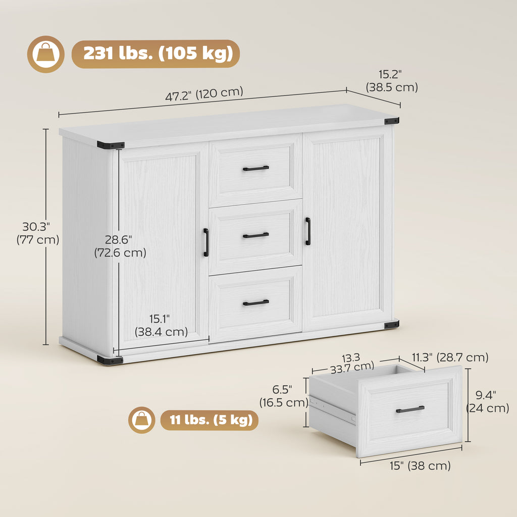Sideboard with 3 Drawers and 2 Doors, 47" Buffet Cabinet with Adjustable Shelves for Kitchen, Black Wood Grain