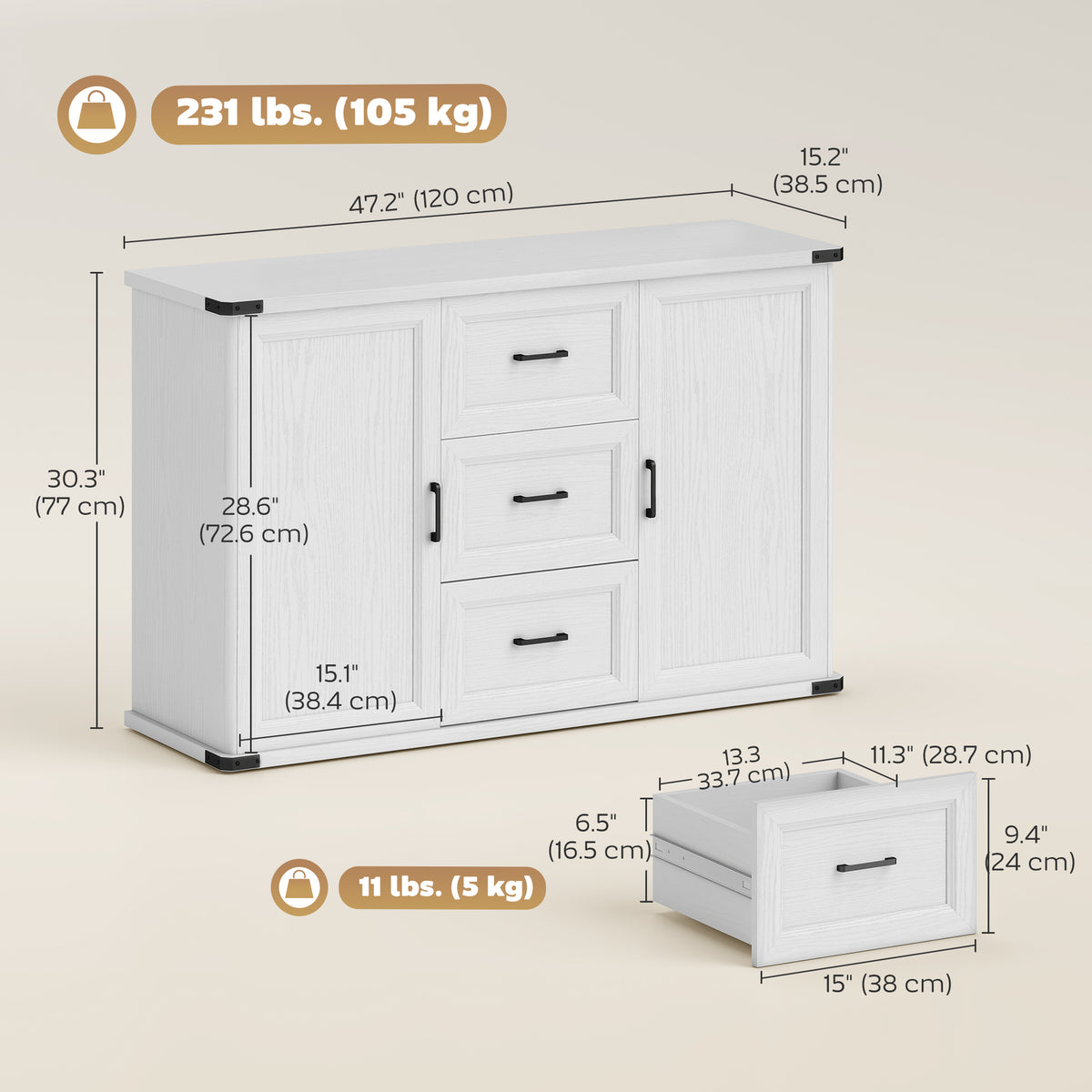 Sideboard with 3 Drawers and 2 Doors, 47" Buffet Cabinet with Adjustable Shelves for Kitchen, Black Wood Grain