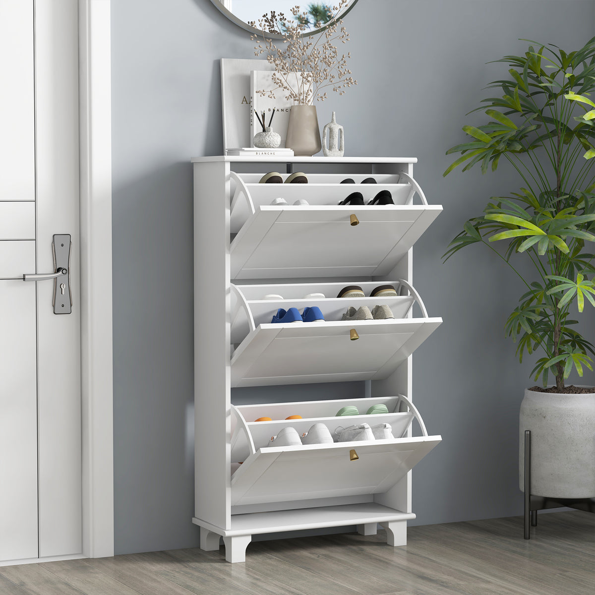 Narrow Shoe Storage with 2 Flip Drawers and Adjustable Shelves Shoe Cabinet Organizer for 12 Pairs of Shoes, White