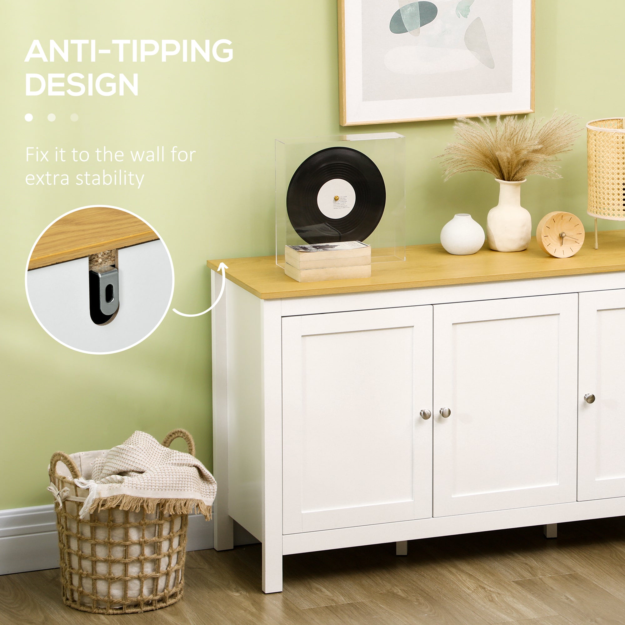 Sideboard, Buffet Cabinet with Doors and Adjustable Shelves for Living Room, Entryway, White and Natural