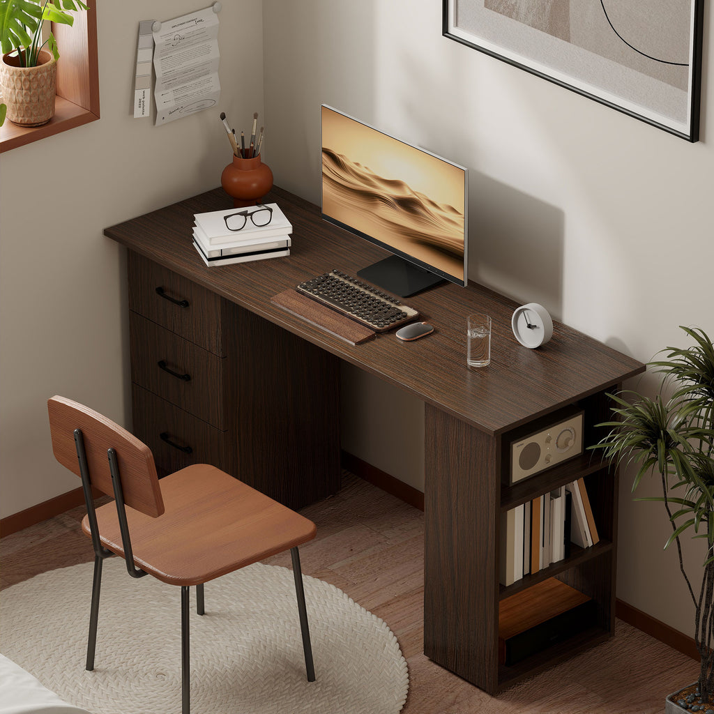 Computer Desk, 47" Writing Table with 3-Tier Shelves and 3 Reversible Drawers for Home Office, Bedroom, White