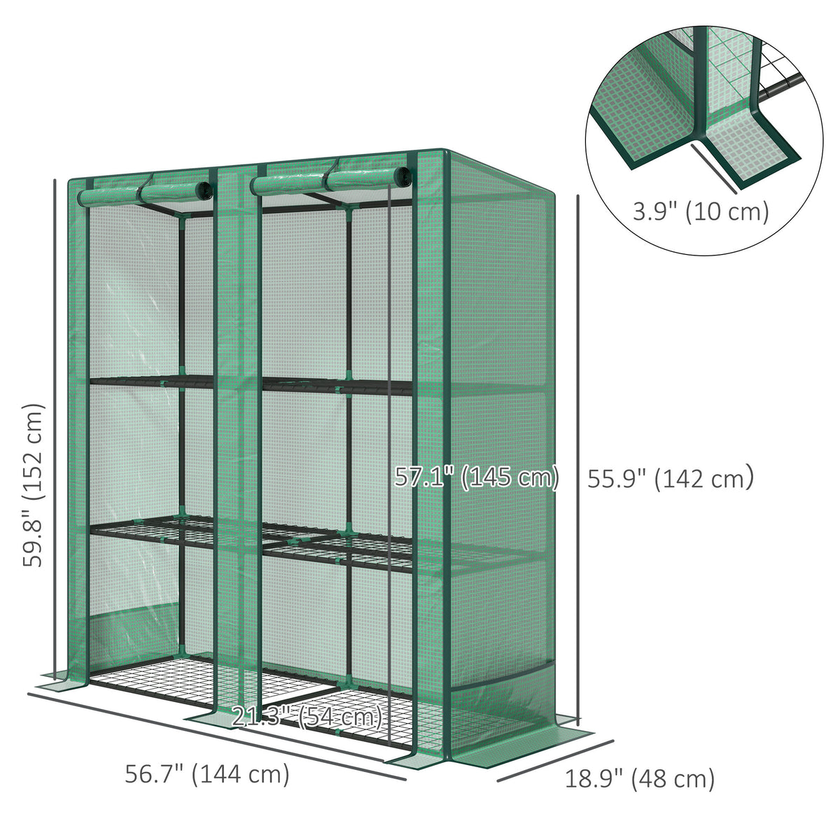 Lean-to Greenhouse with 3 Tier Shelves, Mini Greenhouse with 3 Roll-Up Doors for Indoor Outdoor, Green