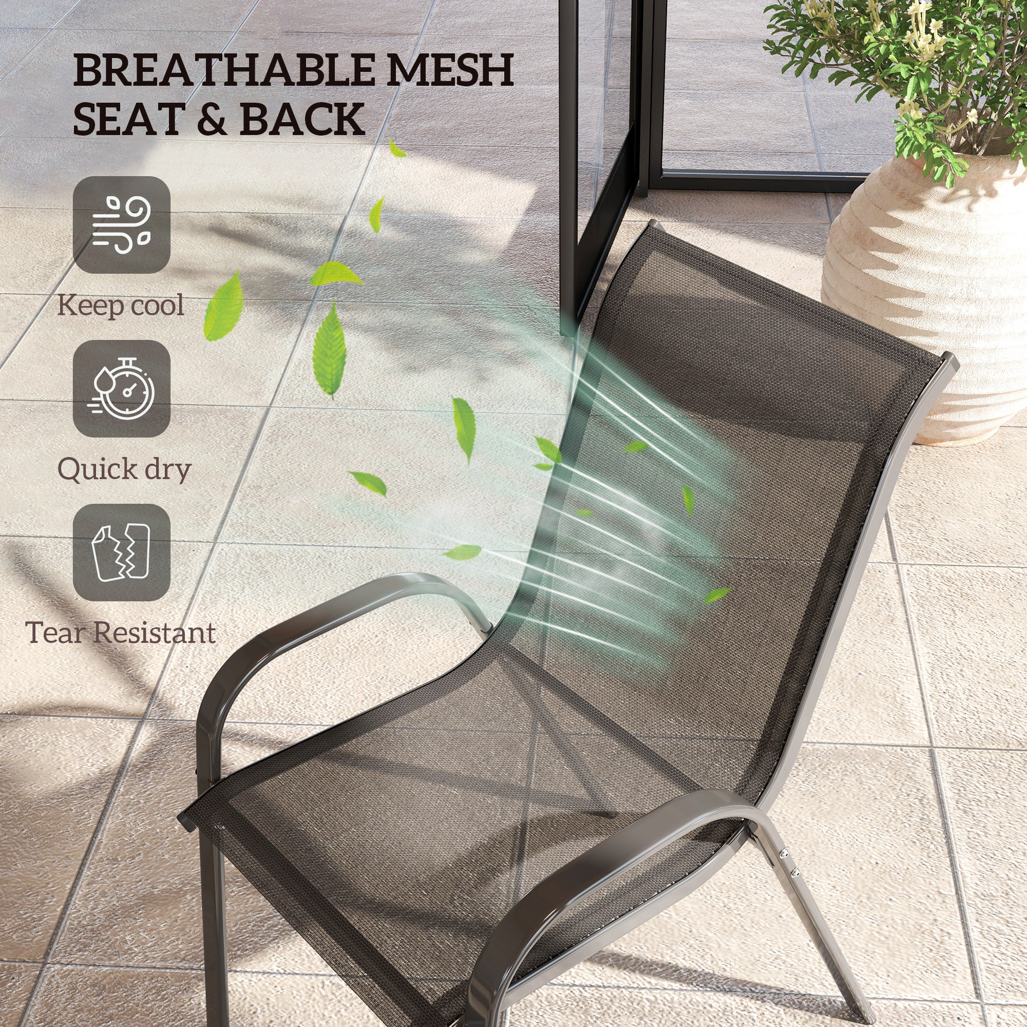 Set of 4 Outdoor Dining Chairs, Stackable Lawn Chairs with High Back, Breathable Mesh Seat for Garden Porch, Black
