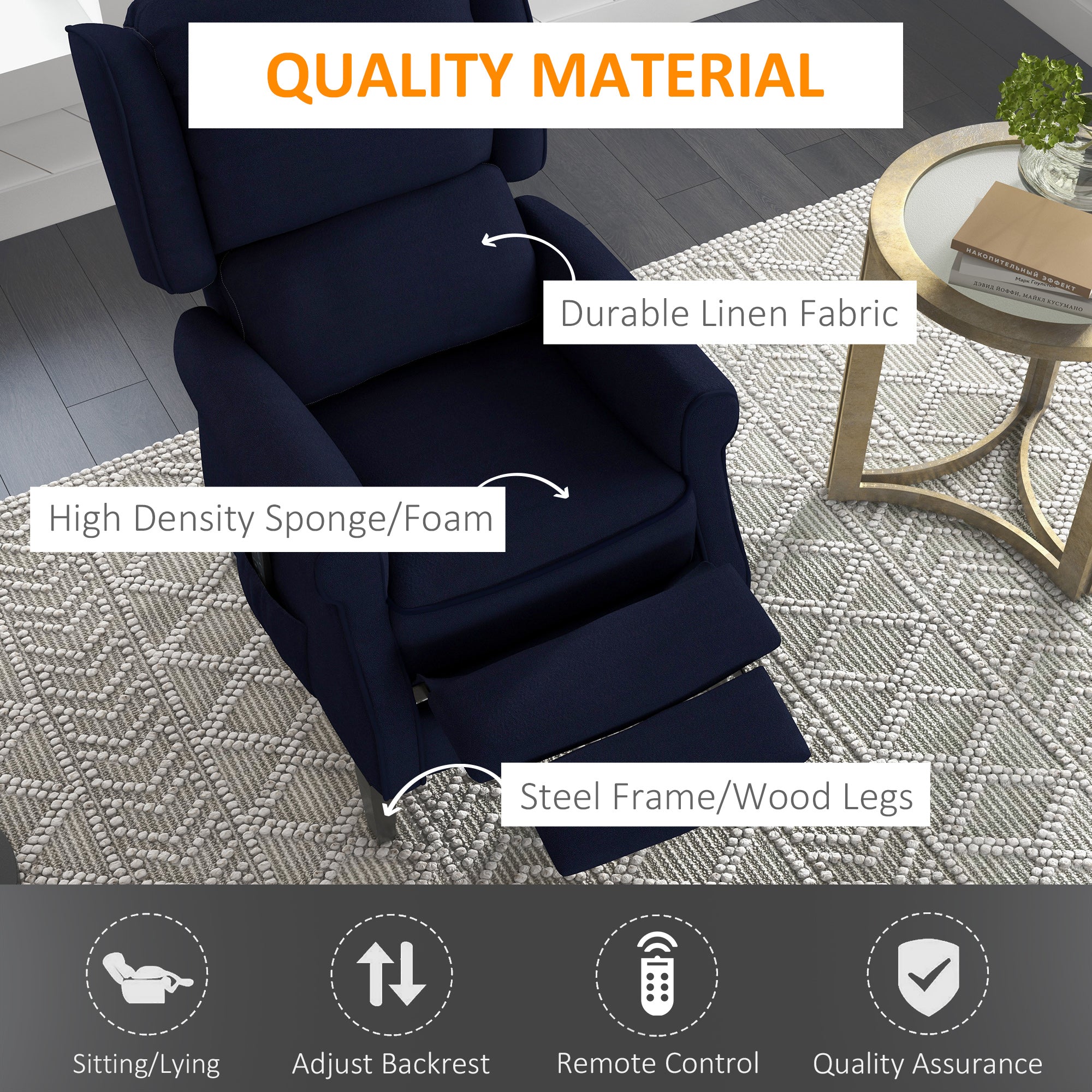 Push Back Recliner Chair, Vibration Massage Recliner for Living Room with Extendable Footrest, Remote, Pocket, Blue