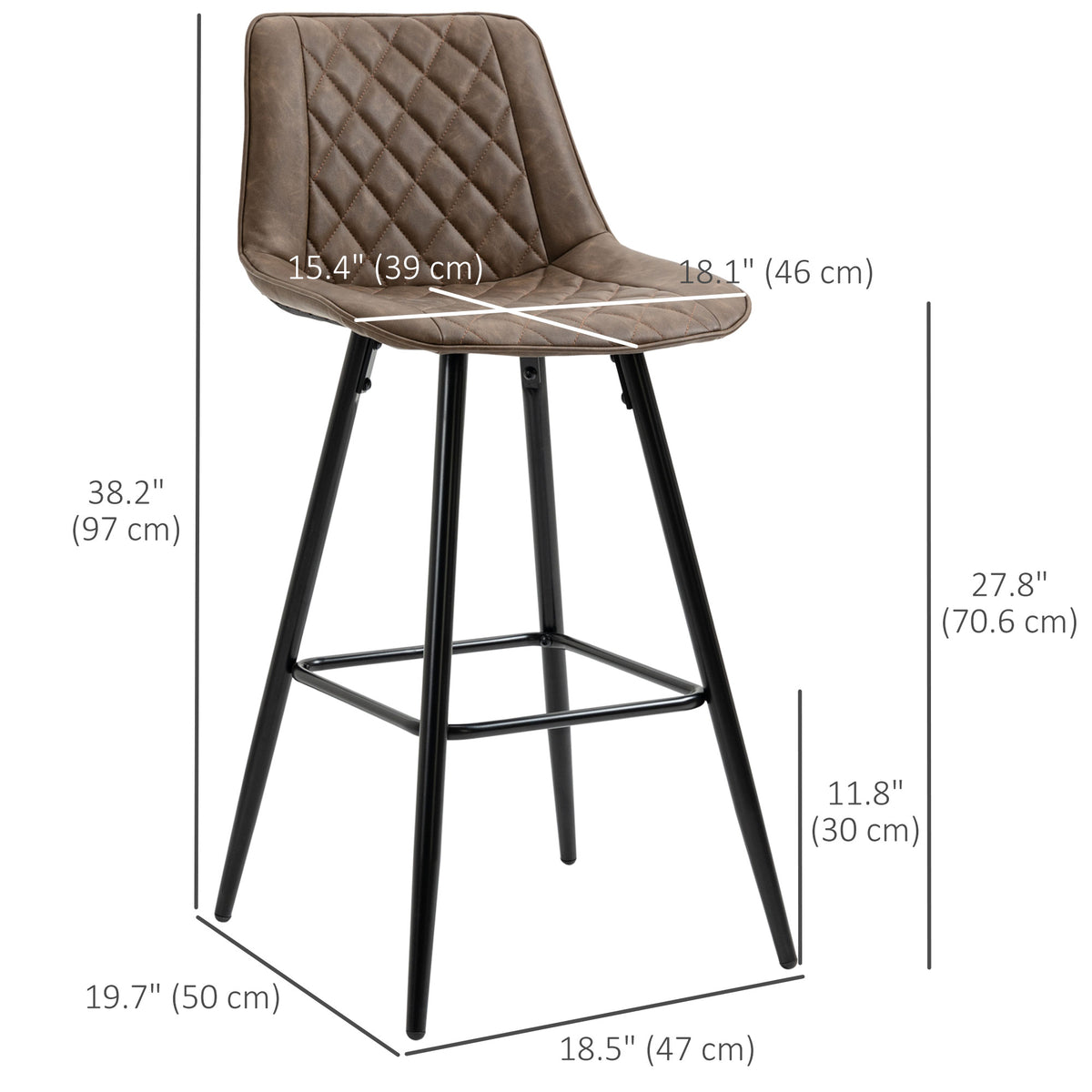 PU Leather Counter Height Bar Chairs Set of 2, 27.75" Bar Stools with Metal Legs for Dining Area, Kitchen Island, Brown