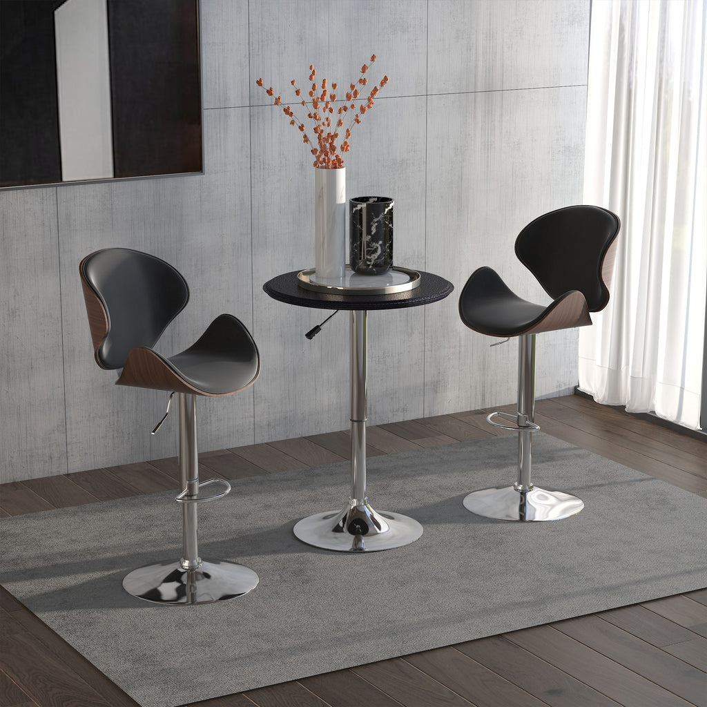 Modern Round Bar Table Adjustment Height Home Pub Bistro Desk Faux Leather Covered Wooden Top Chrome Base Black