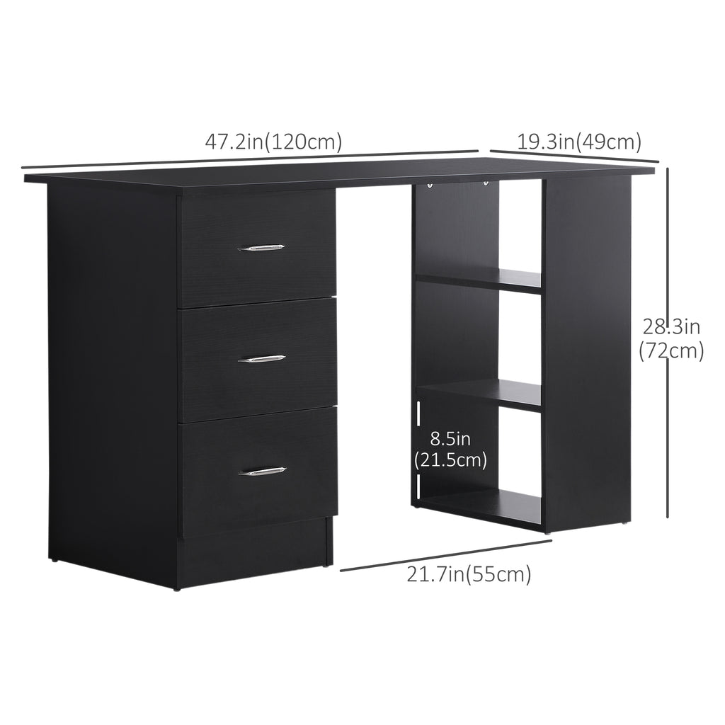 Computer Desk, 47" Writing Table with 3-Tier Shelves and 3 Reversible Drawers for Home Office, Bedroom, White
