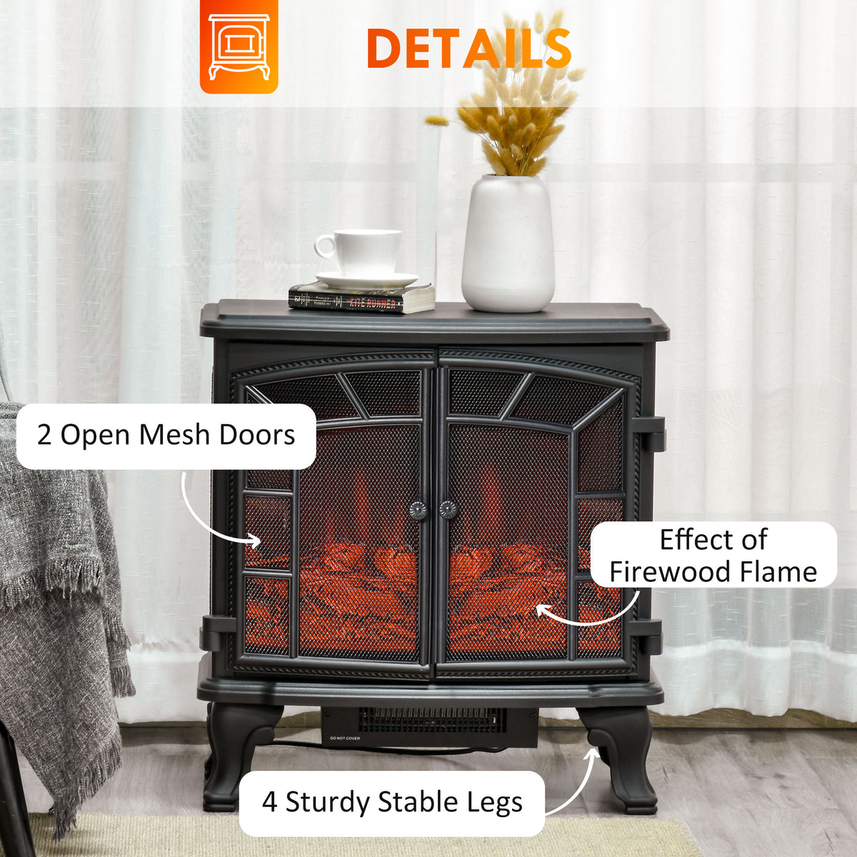 Electric Fireplace Heater, Freestanding Fireplace Stove with Realistic Flame Effect, Timer, Overheating Protection, 750W/1500W, Black