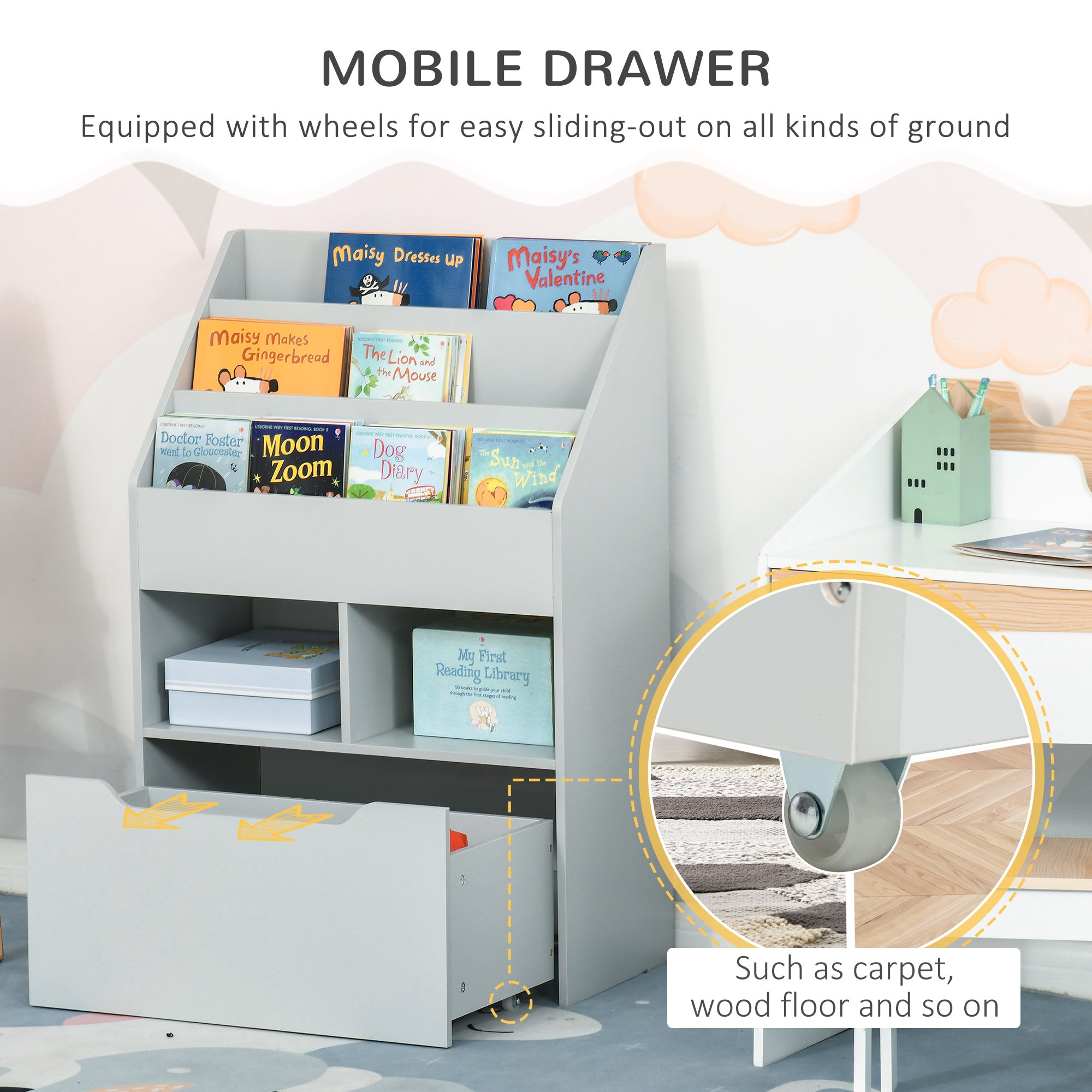 Kids Bookcase Multi-Shelf Rack Organizer with Storage Drawer for Books for Reading Nook, Classroom, Bedroom, Playroom, Grey