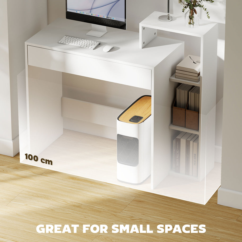 Desk with Storage, Computer Desk with 3 Open Shelves and Drawer White