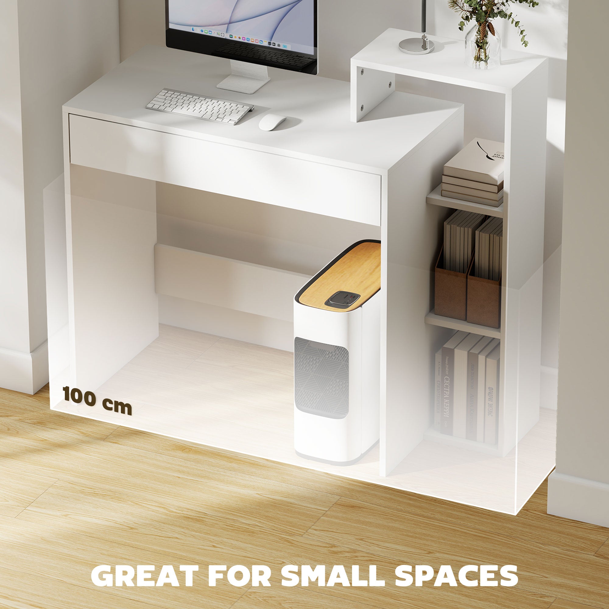 Desk with Storage, Computer Desk with 3 Open Shelves and Drawer White