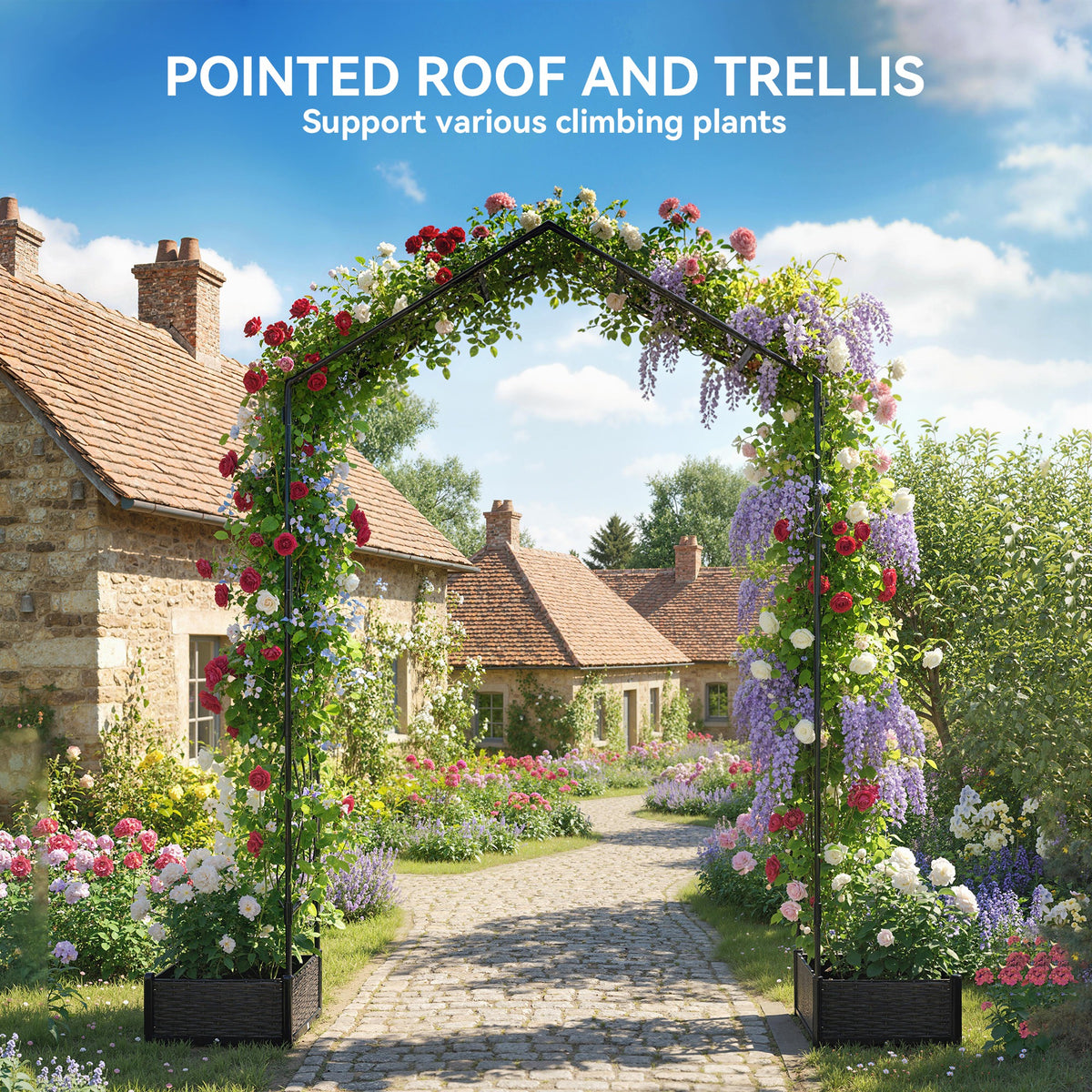 Garden Arch Outdoor Trellis Arbor with 2 Planter Boxes, 109.4" x 15.7" x 86.6", Black