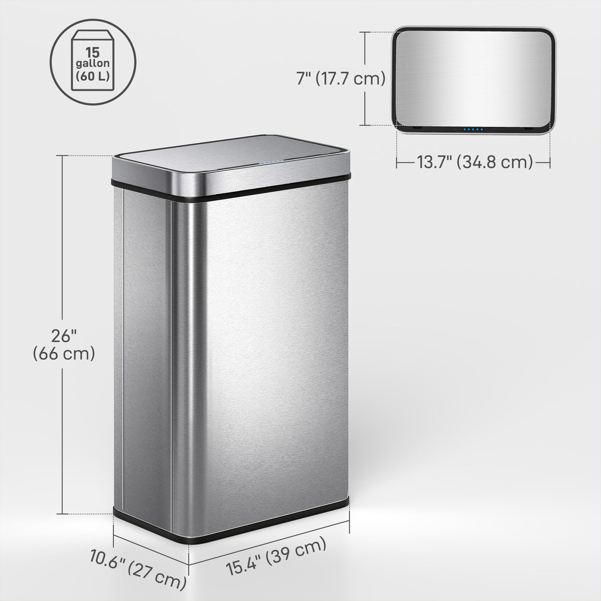 13.2 Gallon Sensor Can, Automatic Garbage Can with Soft-Close Lid, Fingerprint-Proof Stainless Steel, Silver