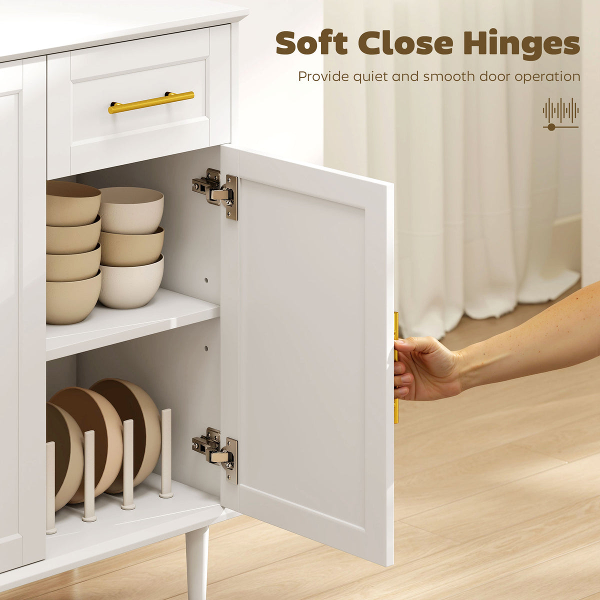 55" Buffet Cabinet with Soft-Close Doors, Modern Sideboard with 2 Drawers, 3 Adjustable Shelves and 4 Doors, White