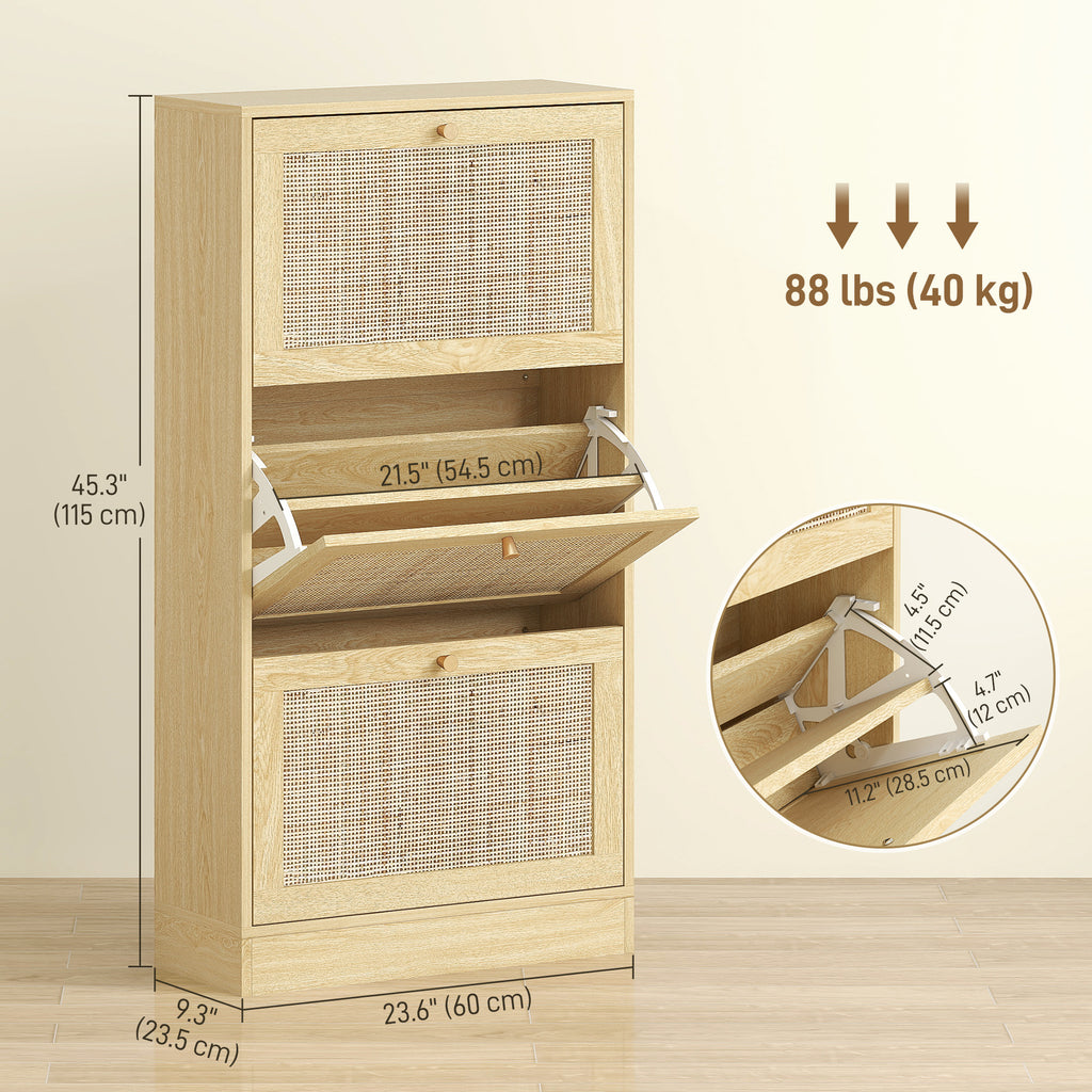 Rattan Shoe Storage Cabinet with 3 Flip Drawers and Adjustable Shelves, Entryway Shoe Cabinet for 18 Pairs, Black