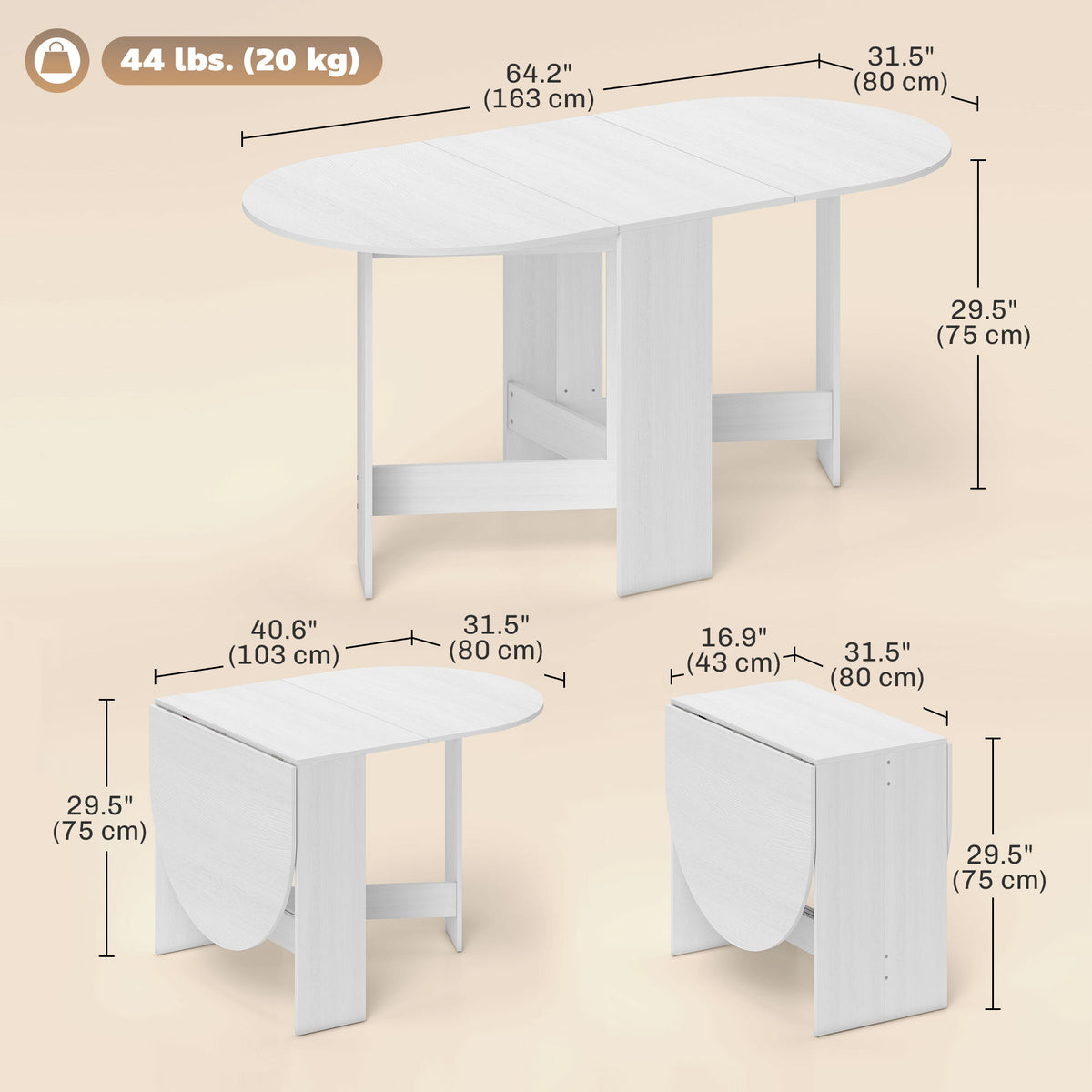 Oval Folding Dining Table, Space Saving Drop Leaf Kitchen Table for Dining Room, Living Room, Distressed Brown