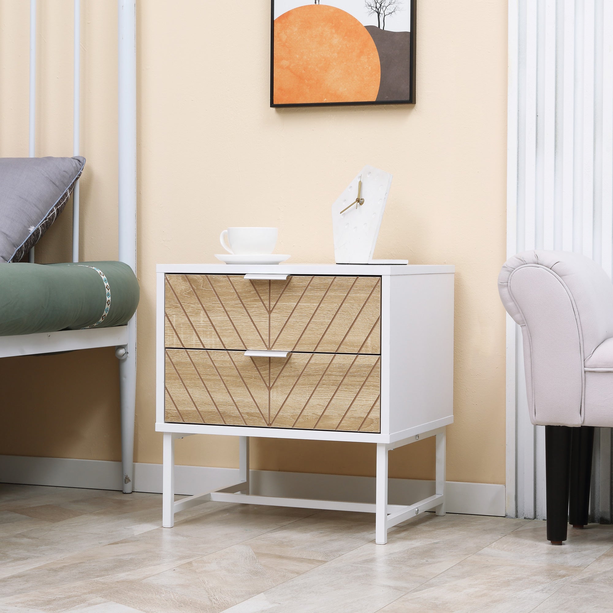 Modern Bedside Table with 2 Drawers and Steel Frame, Sofa Side Table for Bedroom Living Room, White and Oak