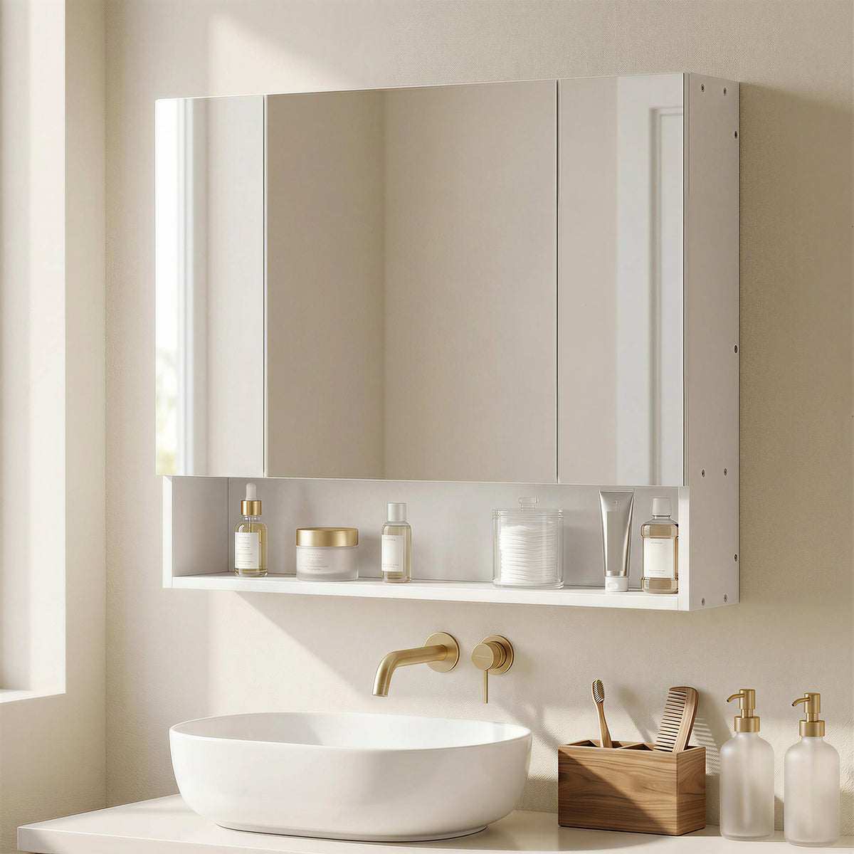 Wall Mounted Bathroom Medicine Cabinet with Mirror and Adjustable Shelves, Grey