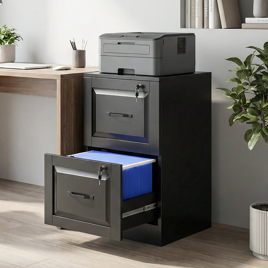 3 Drawer File Cabinet with Lock, Vertical Filing Cabinet with Adjustable Hanging Bars for A4 and Letter Size, Black