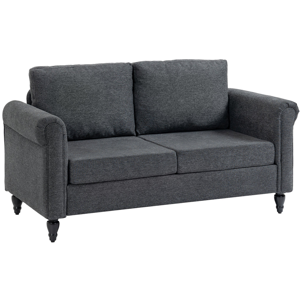 Vintage Loveseat, Upholstered Love Seat Furniture, Chenille-feel Fabric 2 Seater Sofa Couch with Rolled Arms, Gourd-Shaped Rubber Wood Legs for Living Room, Dark Grey