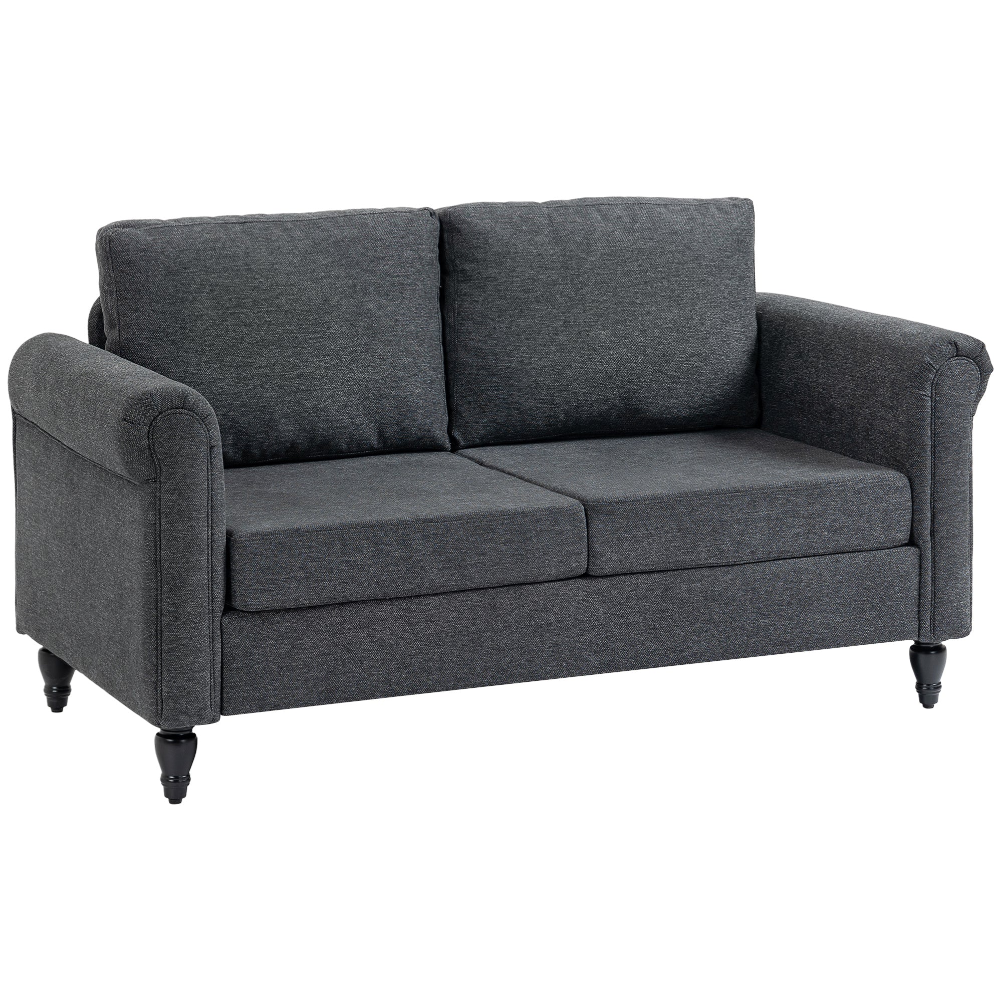 Vintage Loveseat, Upholstered Love Seat Furniture, Chenille-feel Fabric 2 Seater Sofa Couch with Rolled Arms, Gourd-Shaped Rubber Wood Legs for Living Room, Dark Grey