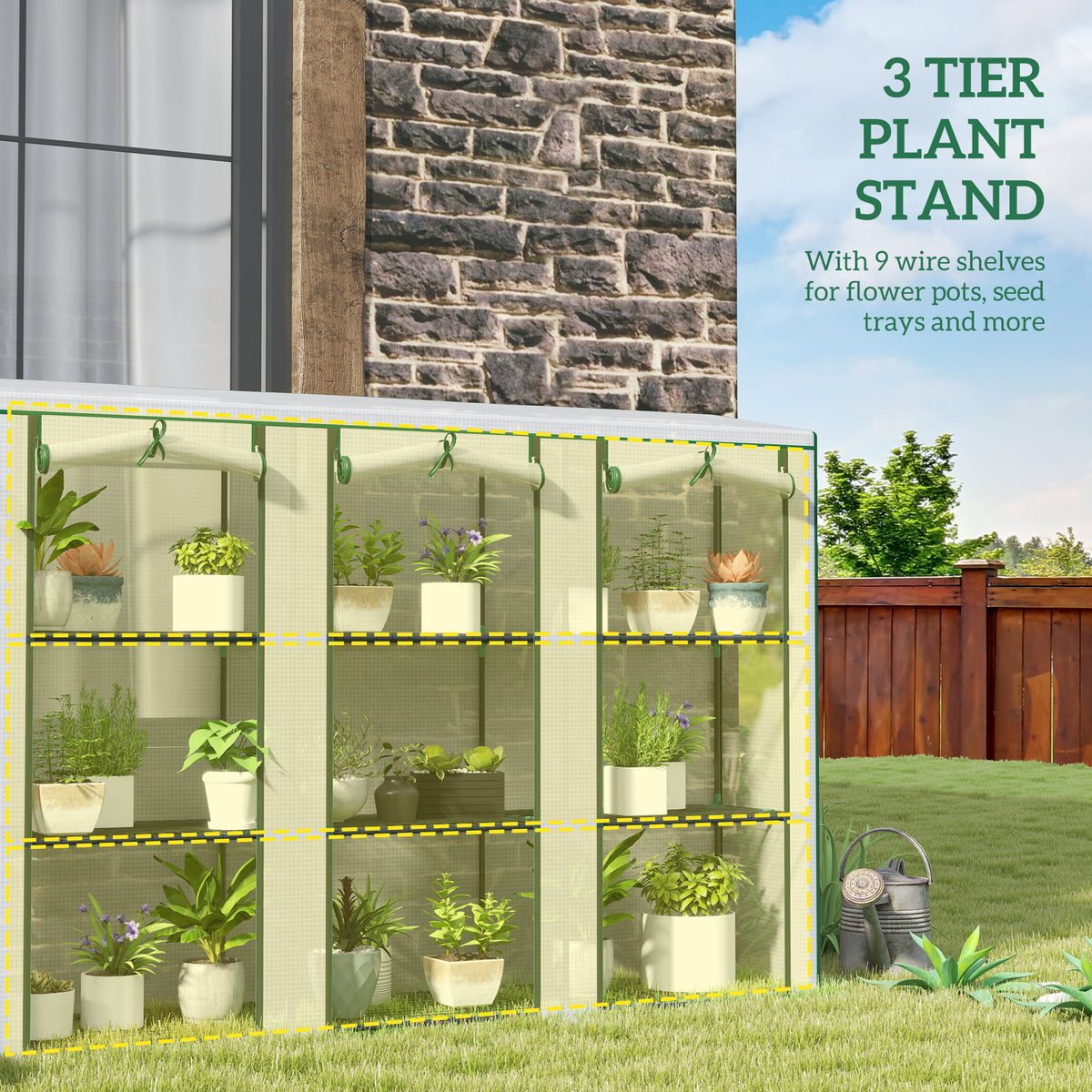 Lean-to Greenhouse with 3 Tier Shelves, Mini Greenhouse with 3 Roll-Up Doors for Indoor Outdoor, Green