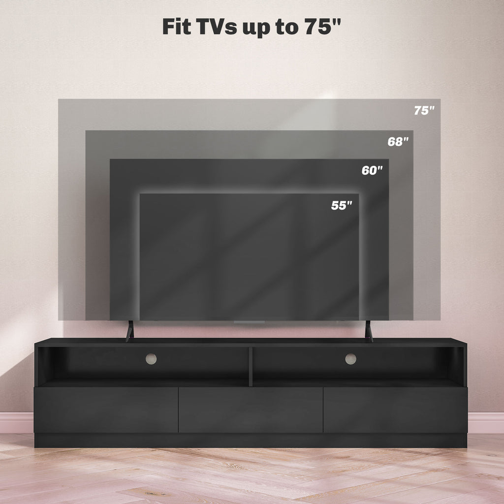 LED ብርሃን ዘለዎ ቲቪ ስታንድ ክሳብ 75" ቲቪ ዝድግፍ፣ ዘመናዊ ቲቪ ካቢኔት ምስ መደርደሪ መሳልብ ንእንዳ መዕበዪ፣ ልዑል ግላይ ጻዕዳ