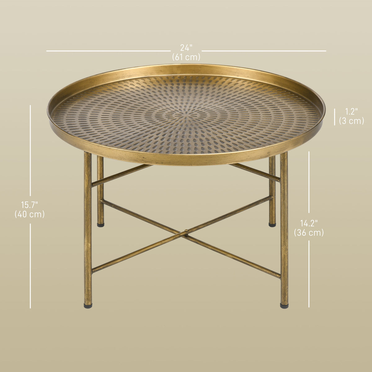 Vintage Coffee Table for Living Room, 24" Round Center Table with Hammered Tray Top and Metal Frame, Gold